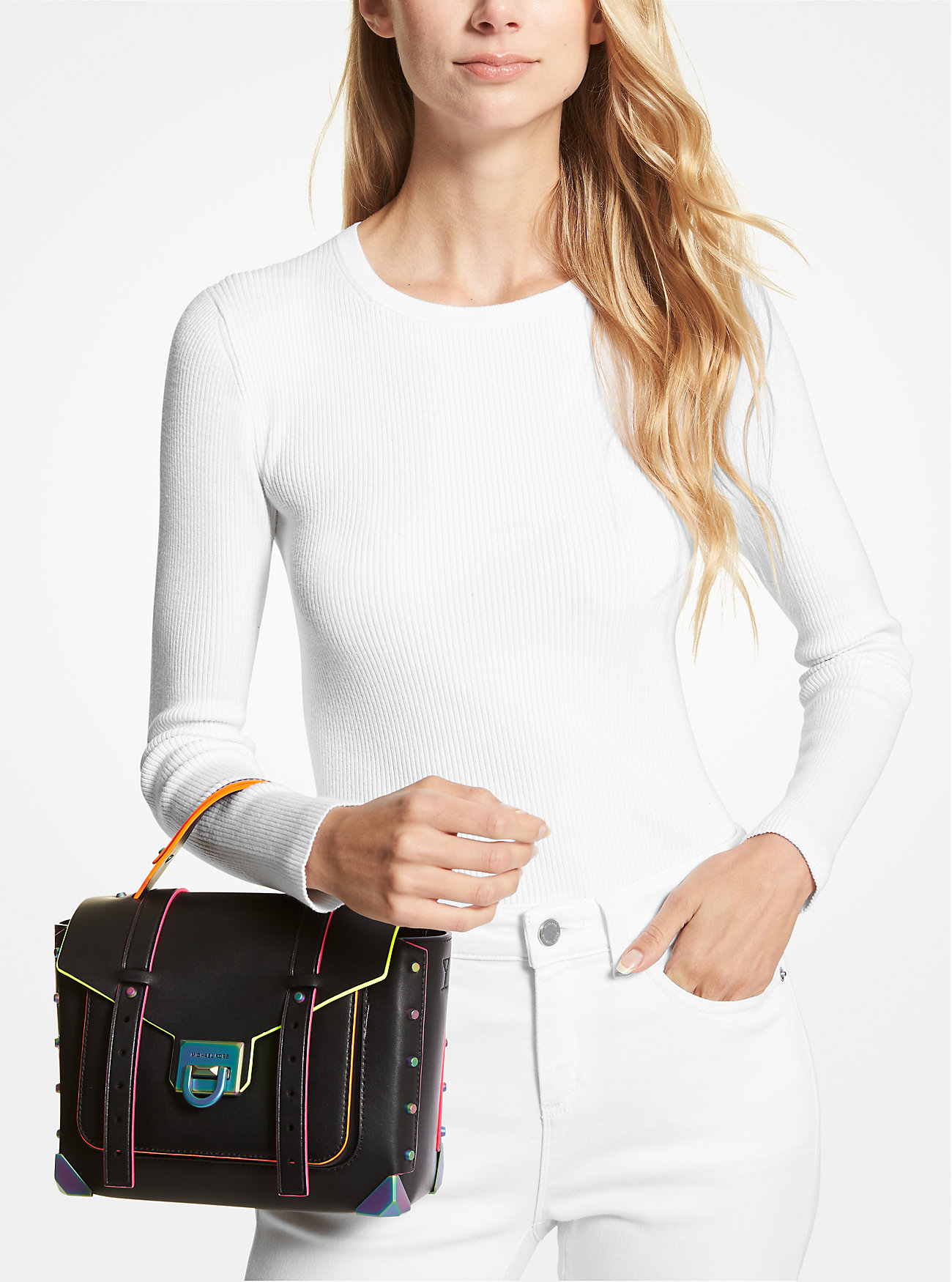 Manhattan Medium Contrast-Trim Leather Satchel - BLACK