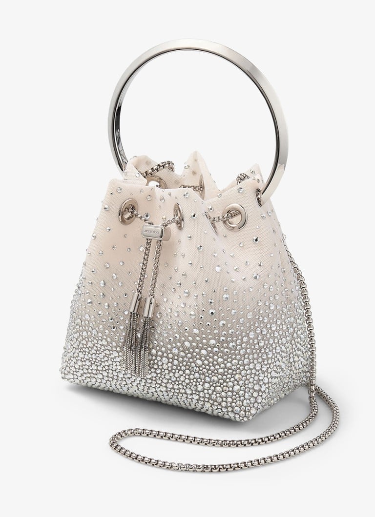 Geantă de plasă Jimmy Choo Bon Bon, decorată cu cristale.