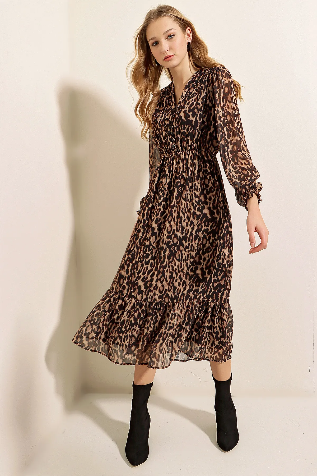 Bigdart  2137 Gemustertes Chiffonkleid – C. Brown