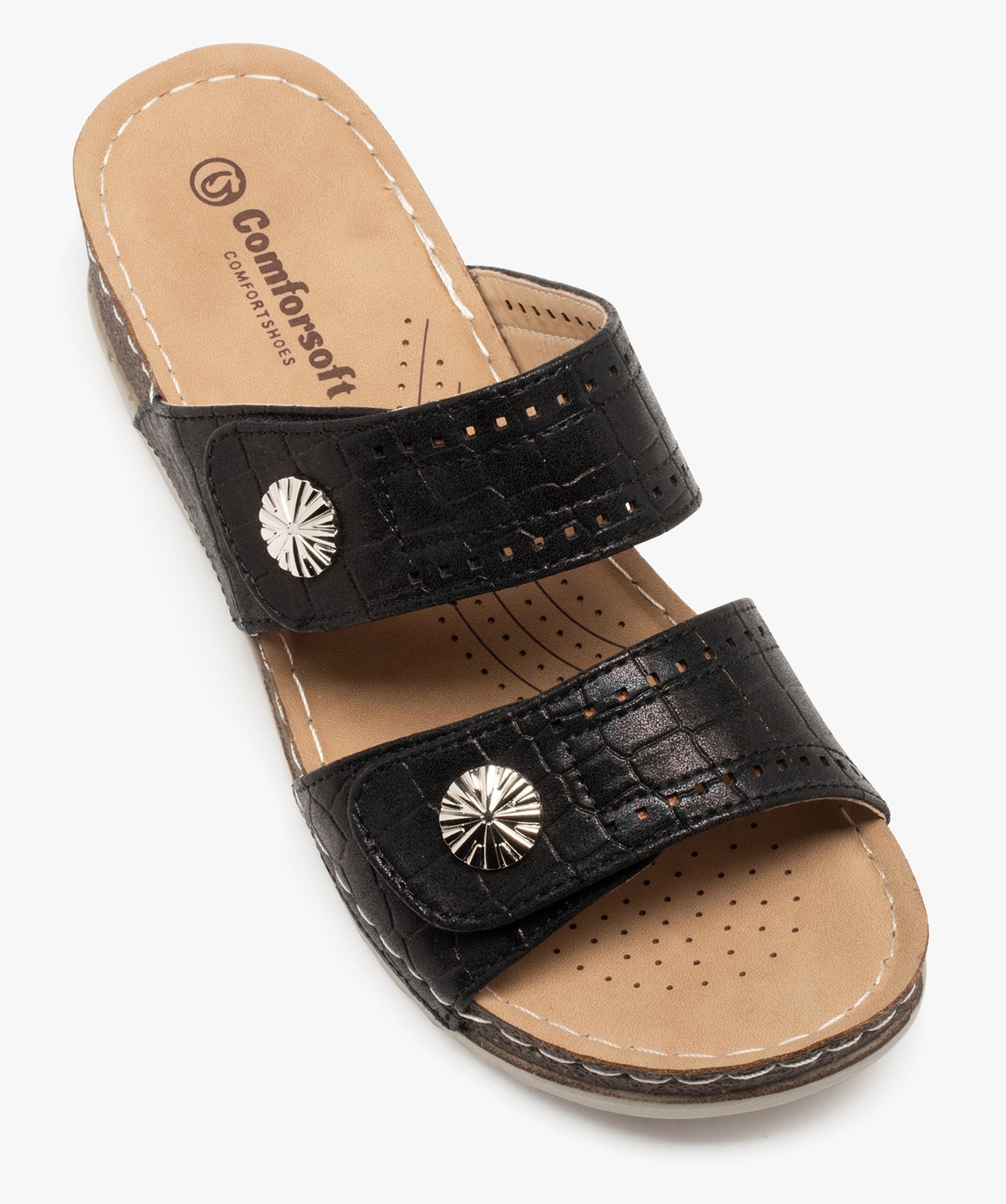 Mules femme confort à talon compensé et brides fantaisie noir | GEMO