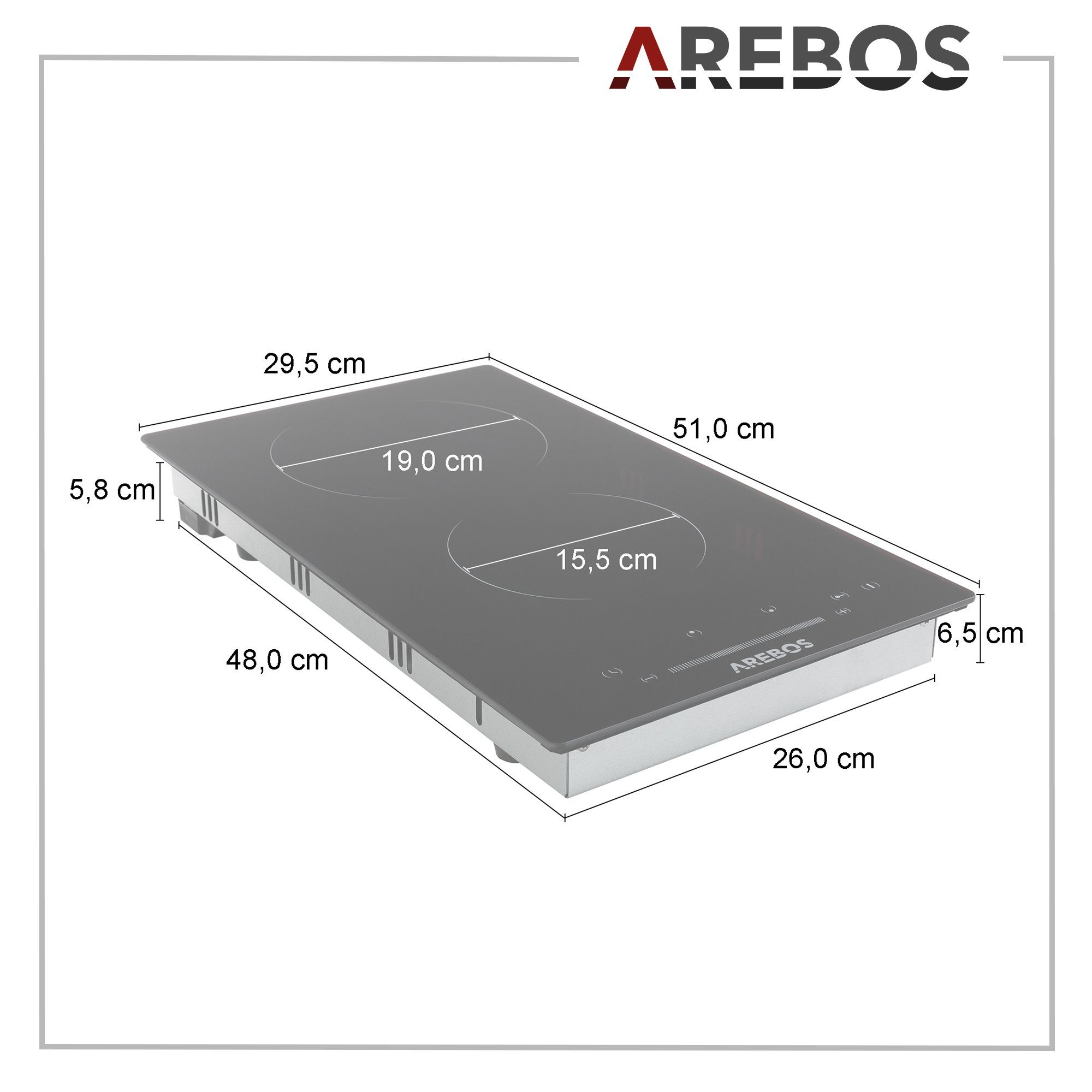 Arebos Elektro-Kochfeld Glaskeramik AR-HE-GK2N, Obere Kochzone: 1800 W, Untere Kochzone: 1200 W