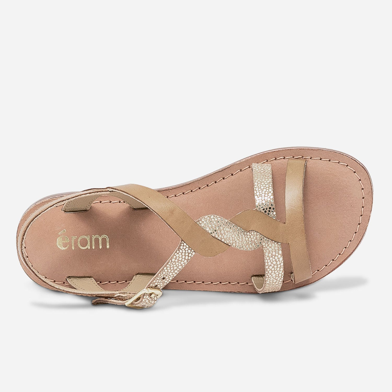 Sandale camel en cuir lisse et imprimé