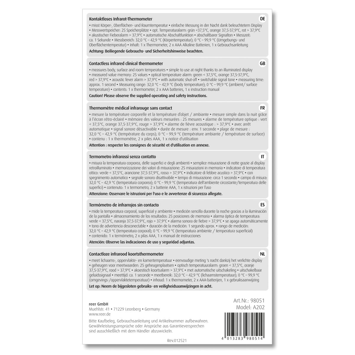 Fieberthermometer 3in1 kontaktloses Infrarot-Thermometer, 1 St