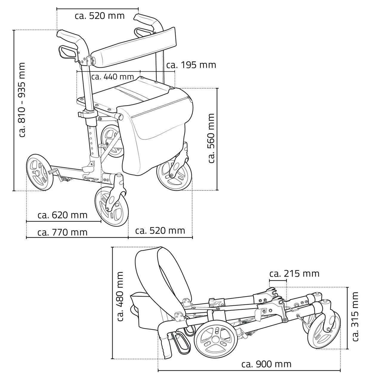 Ridder Rollator Mio, schwarz, Aluminium / Nylon / PVC