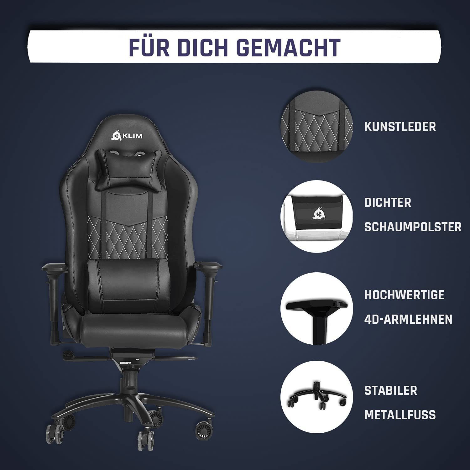 KLIM Gaming Chair Esports Stuhl, Ergonomischer Gaming Stuhl, Hochwertige Qualität, Stylischer Stuhl fürs Arbeitszimmer