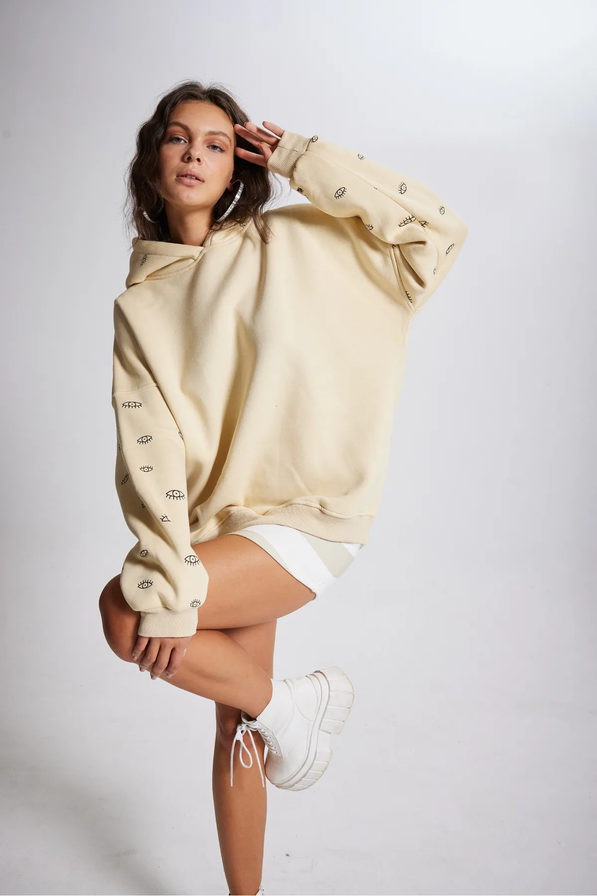 HOLLY LOLLY  Übergroße Kapuzen-Unisex-Augen-Sweatshirts Beige