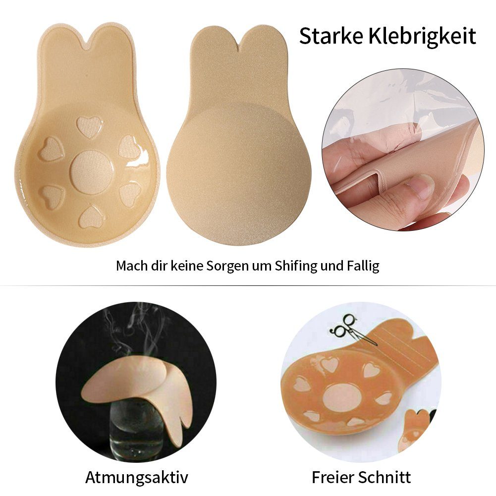 TWSOUL Brustwarzenabdeckung SilikonAnti-Sagging unsichtbares atmungsaktives Brustpflaster Beige, Brustaufnäher in Form von Hasenohren Leichtes Anheben
