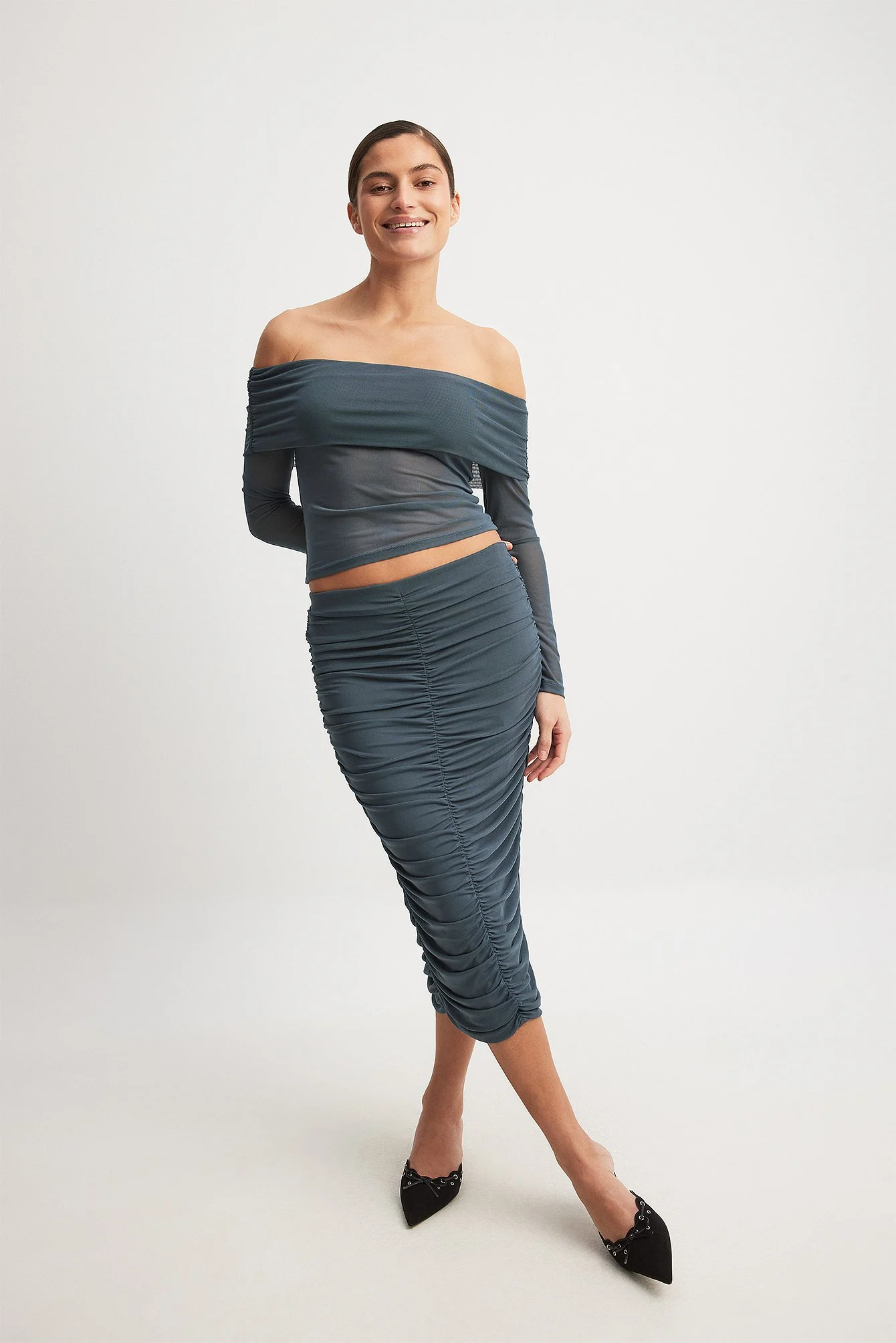 Rouched Mesh Midi Skirt