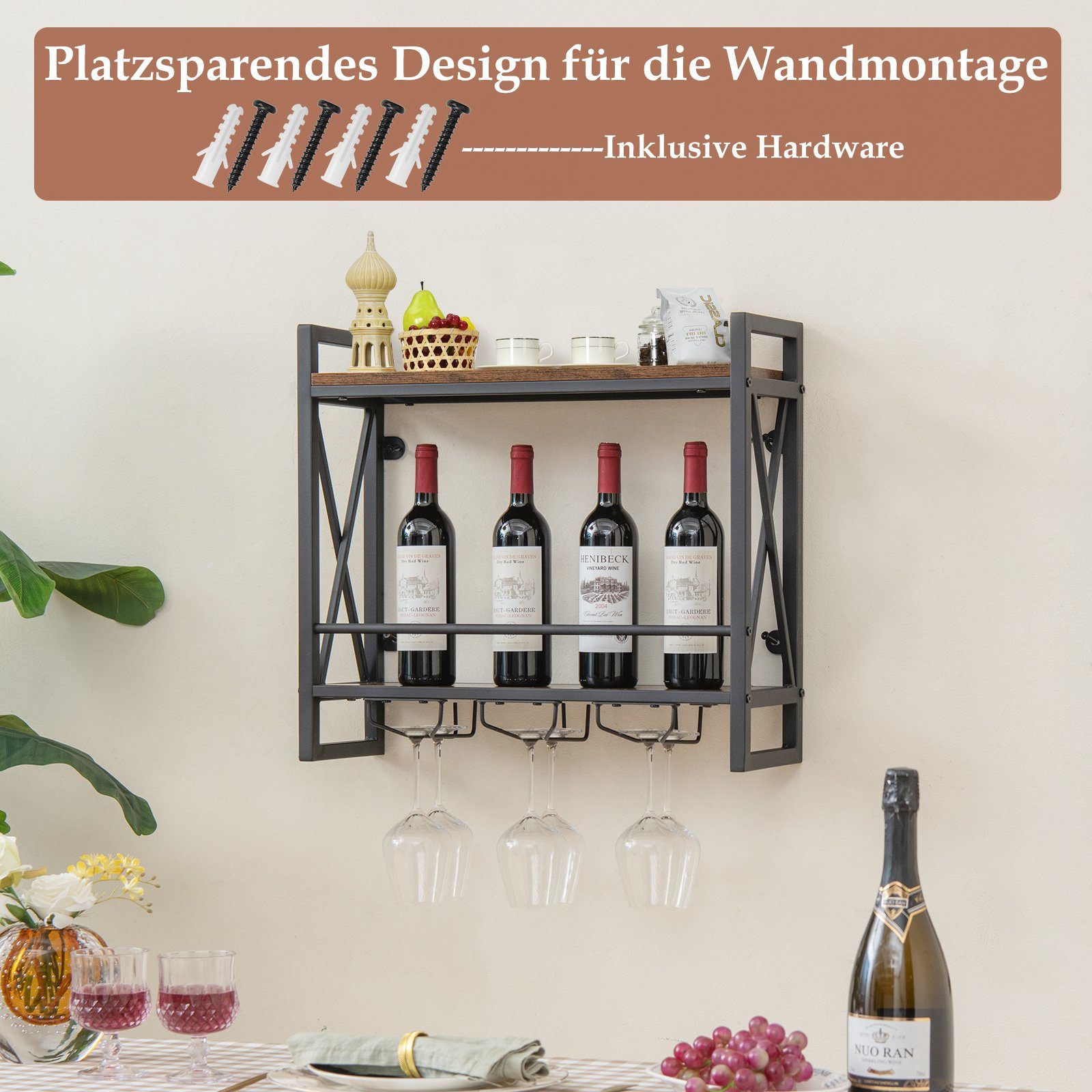 COSTWAY Weinregal, Wand, Holz mit Metallrahmen, Weingläserhalter, 20x60x55cm