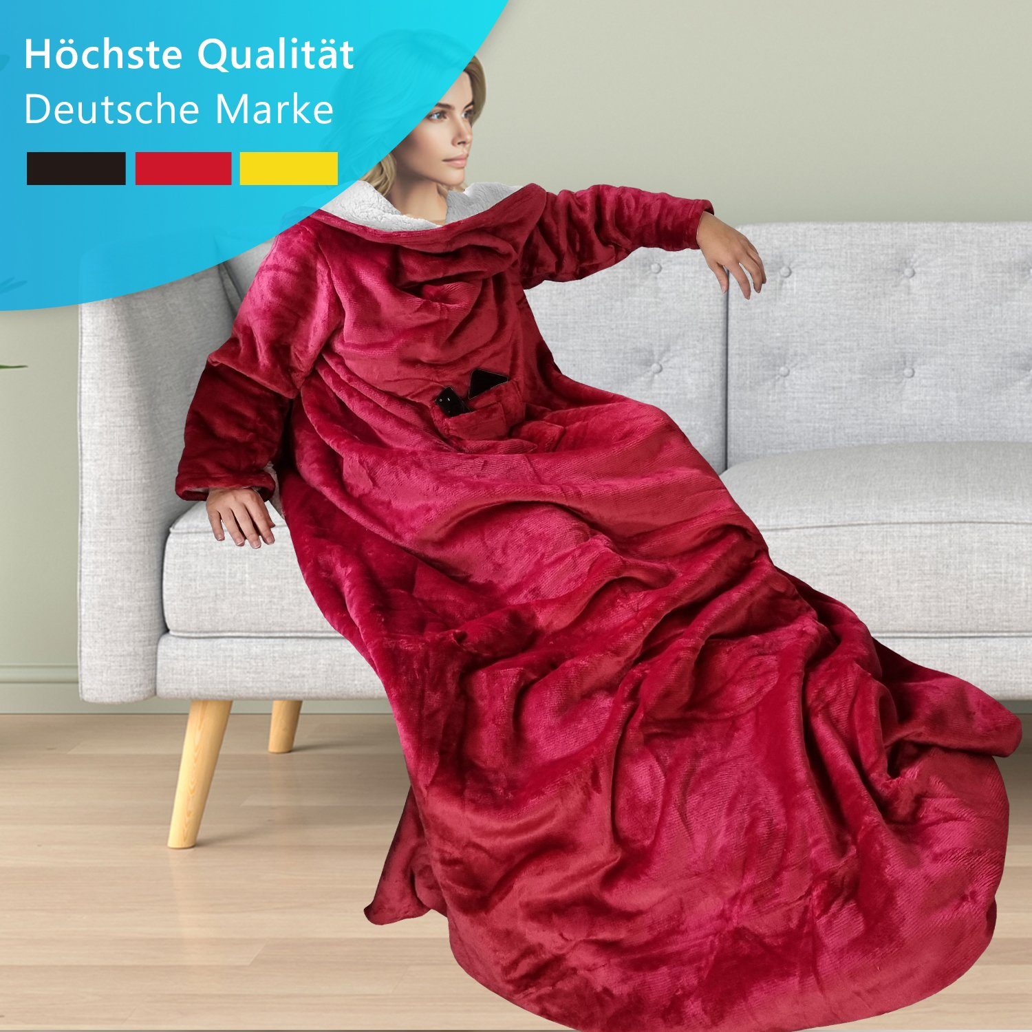 Wohndecke Ärmeldecke CozyWear mit wärmender Sherpa Innenseite Luxus TV Decke, NYVI, Tragbare Flannell Kuscheldecke mit Ärmeln, 2 Brusttaschen & Fußtasche