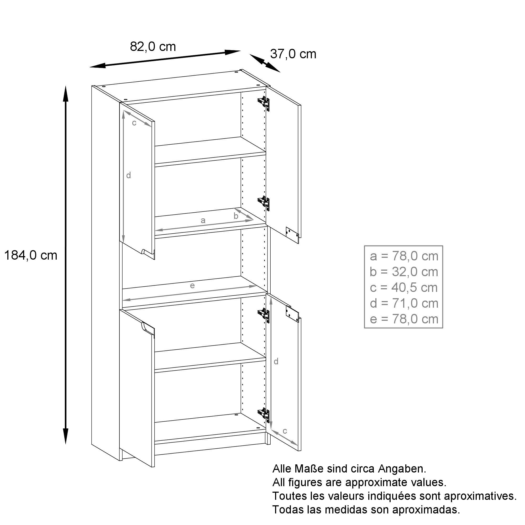 Vladon Aktenschrank Logan (Aktenschrank, mit 5 Fächern und 4 Türen) Schwarz matt/Eiche Natur (82 x 184 x 37 cm)