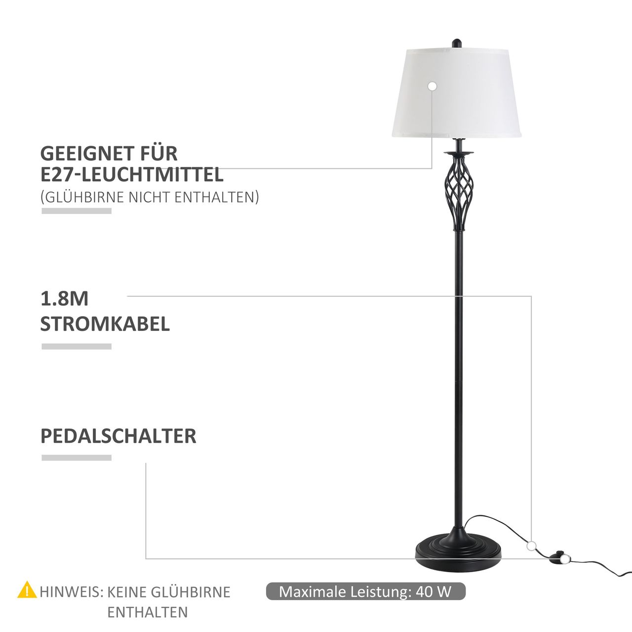 HOMCOM 3er-Lampenset 2 Tischlampe(ø38 x 158 cm)   1 Stehlampe(ø30 x 62 cm) Weiß
