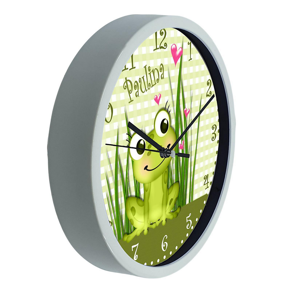 Kinder Wanduhr personalisiert mit Name Frosch-Graß-Karo