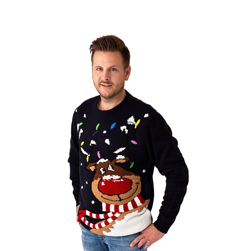 Aå Julegenser str XL m/LED reinsdyr marine