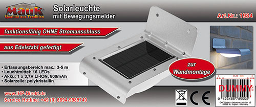 MAUK Solar Beleuchtungs - Bewegungsmelder zur Wandmontage in Ede