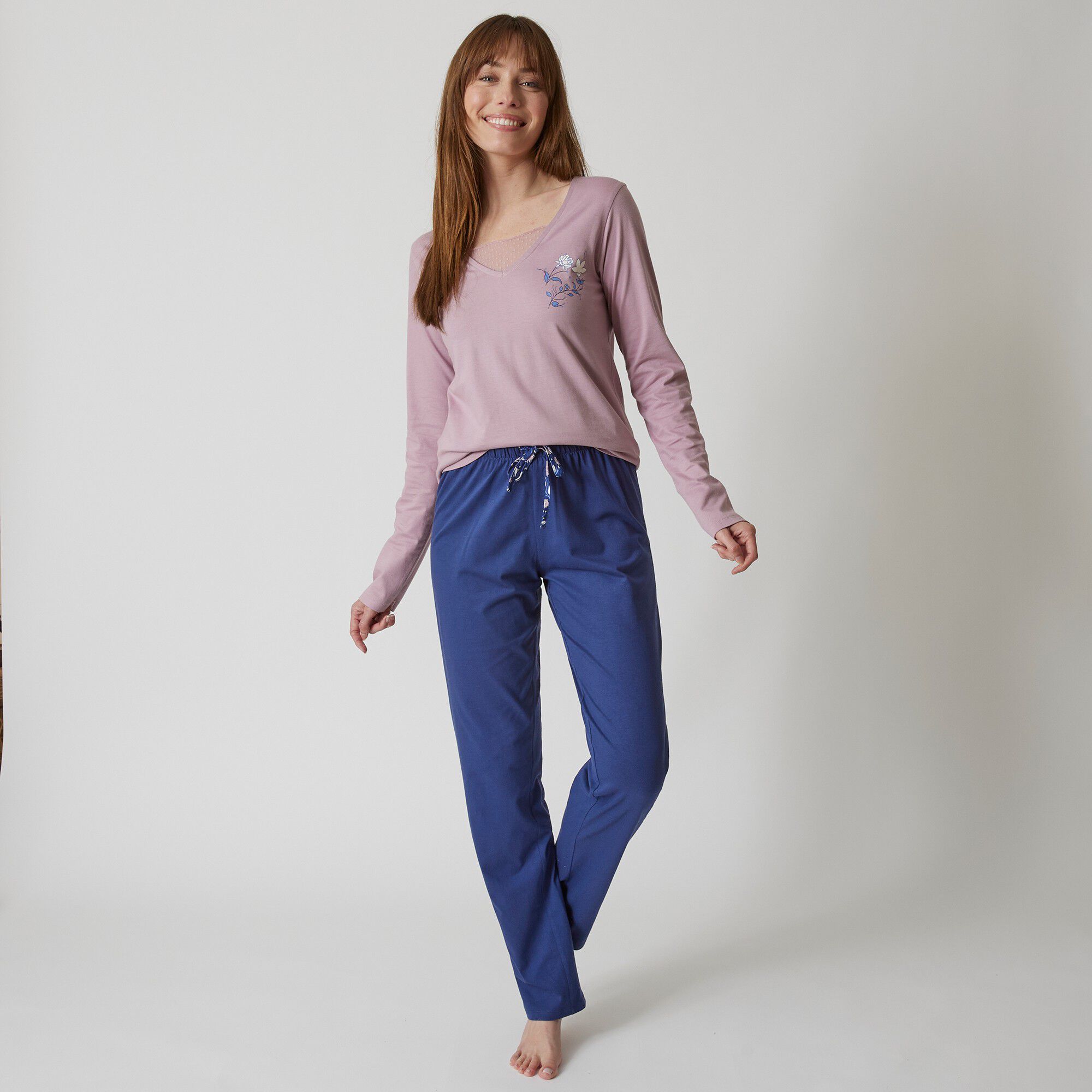Pantalon pyjama coton uni avec noeud imprimé floral