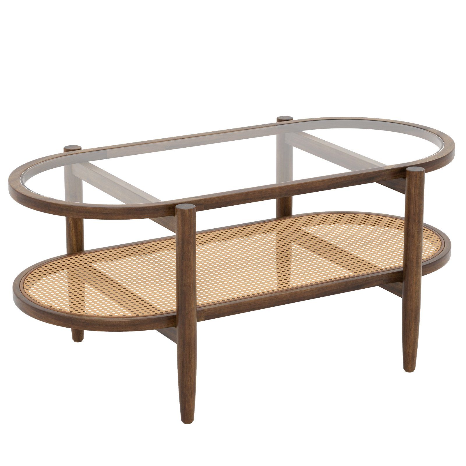 COSTWAY Couchtisch, mit Stauraum, aus Glas, Rattan & Massivholz, 102x56x47cm