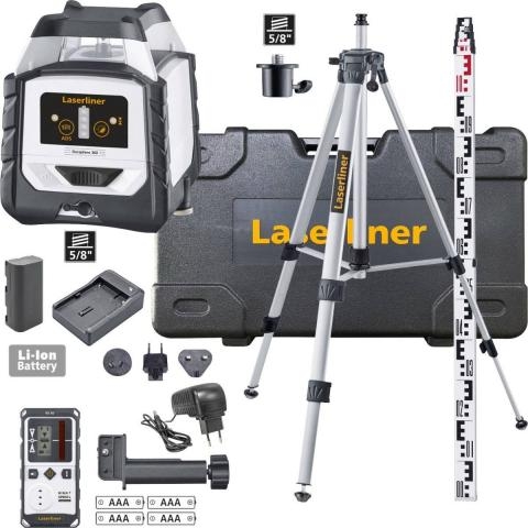 Laserliner 052.500A DuraPlane 360 Set Horisontal 360 graders linjelaser rød med 175 cm stativ, mottaker og 3 m nivelleringsstang