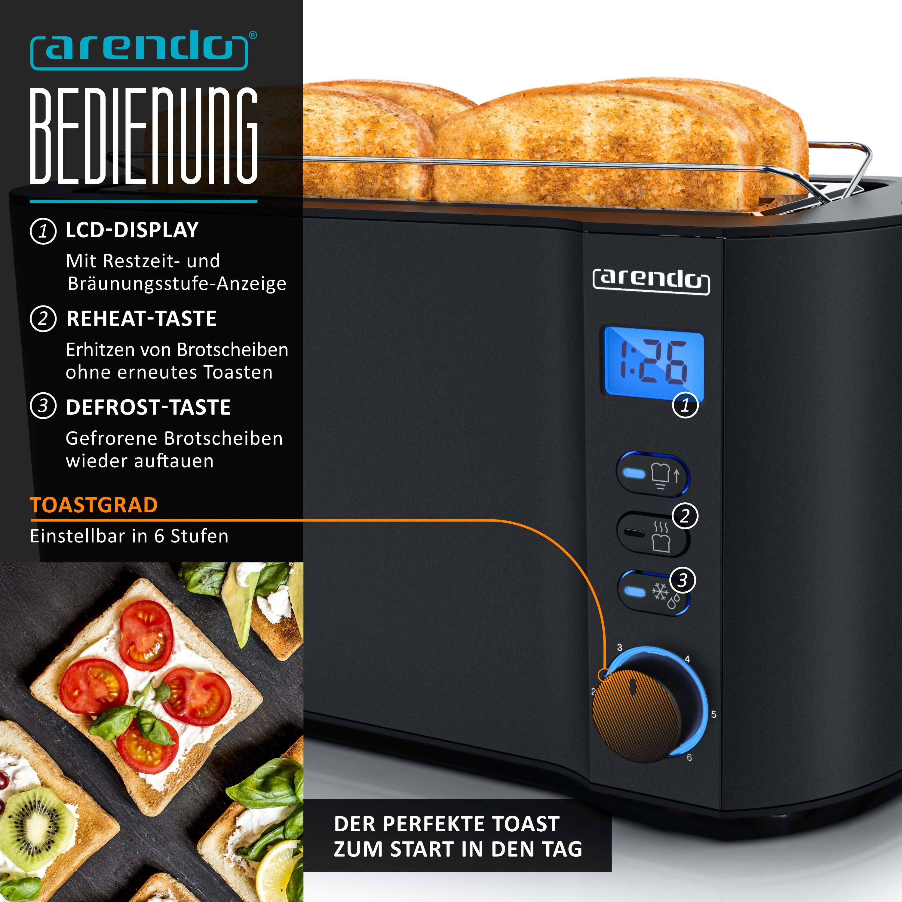 Arendo Frühstücks-Set (2-tlg), Edelstahl Wasserkocher 1,5l, 4-Scheiben Langschlitz Toaster, Schwarz
