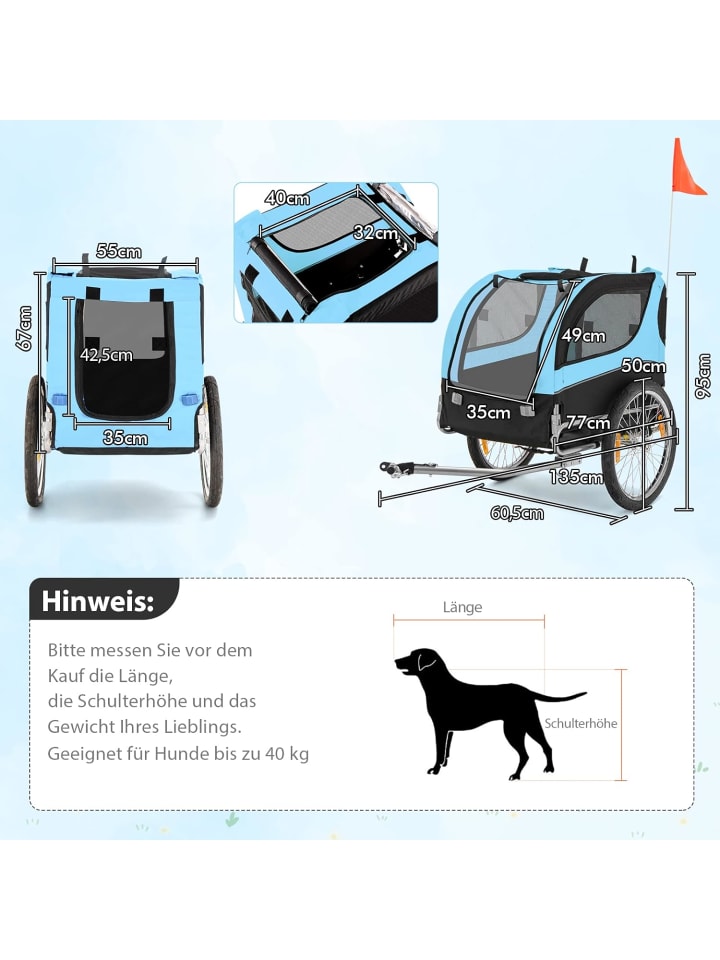 COSTWAY Hundeanhänger für Fahrrad in Blau günstig kaufen 135 cm