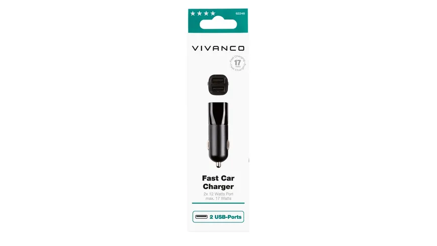 Vivanco Fast Car Charger, 2 USB Ports, Kfz Schnellladegerät, 17W