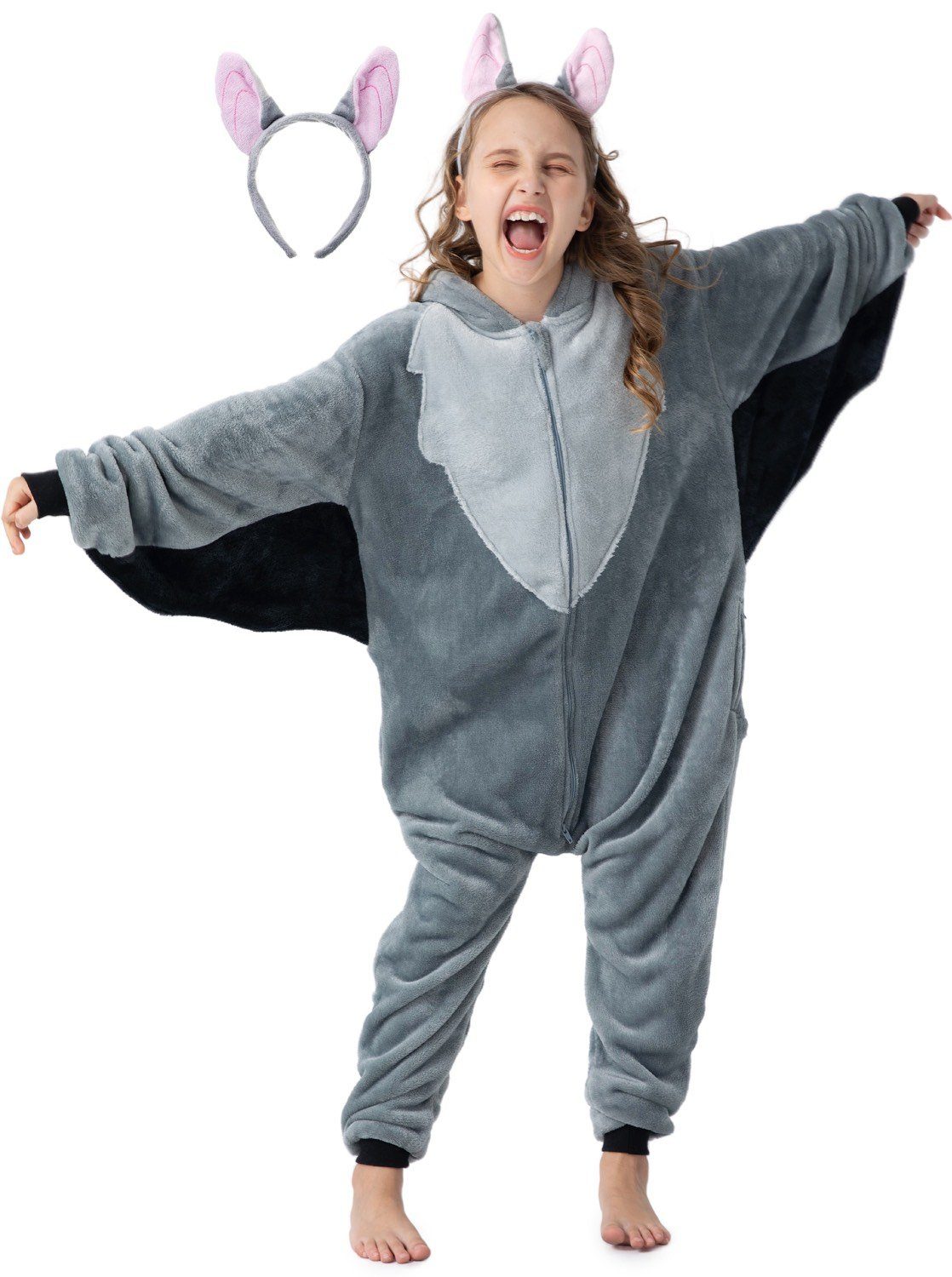 Corimori Jumpsuit Flauschiges Fledermaus-Kostüm für Kinder (2-tlg) mit Haarreif, Halloween, Fasching, Verkleidung, Vampir-Fledermaus