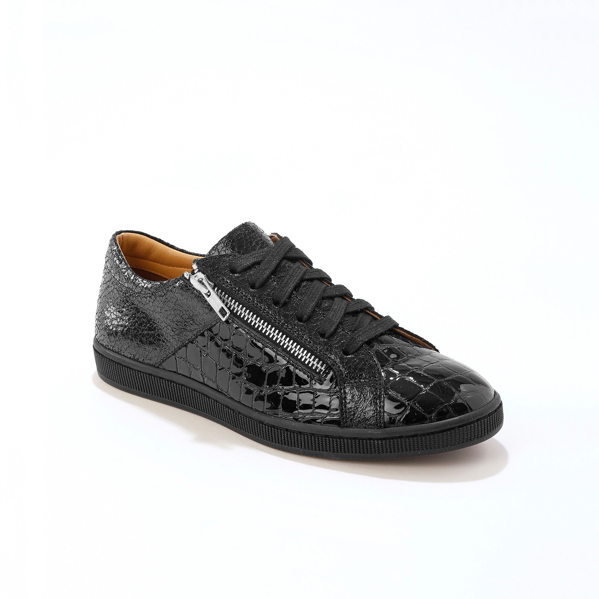 Baskets basses zippées en cuir souple effet croco