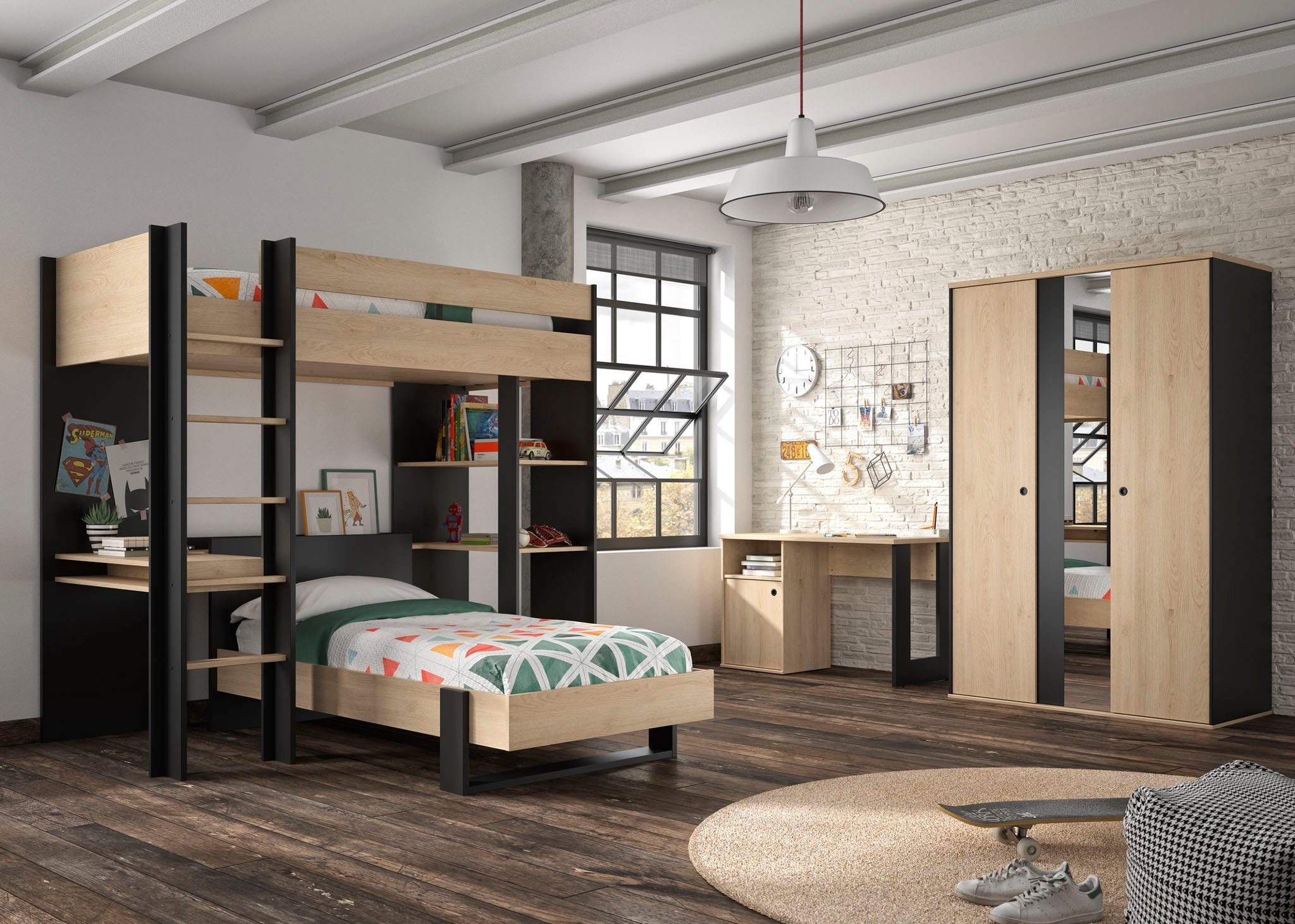 Gami Jugendzimmer-Set Duplex, (4-St., Bett, Kleiderschrank, Schreibtisch, Hochbett)