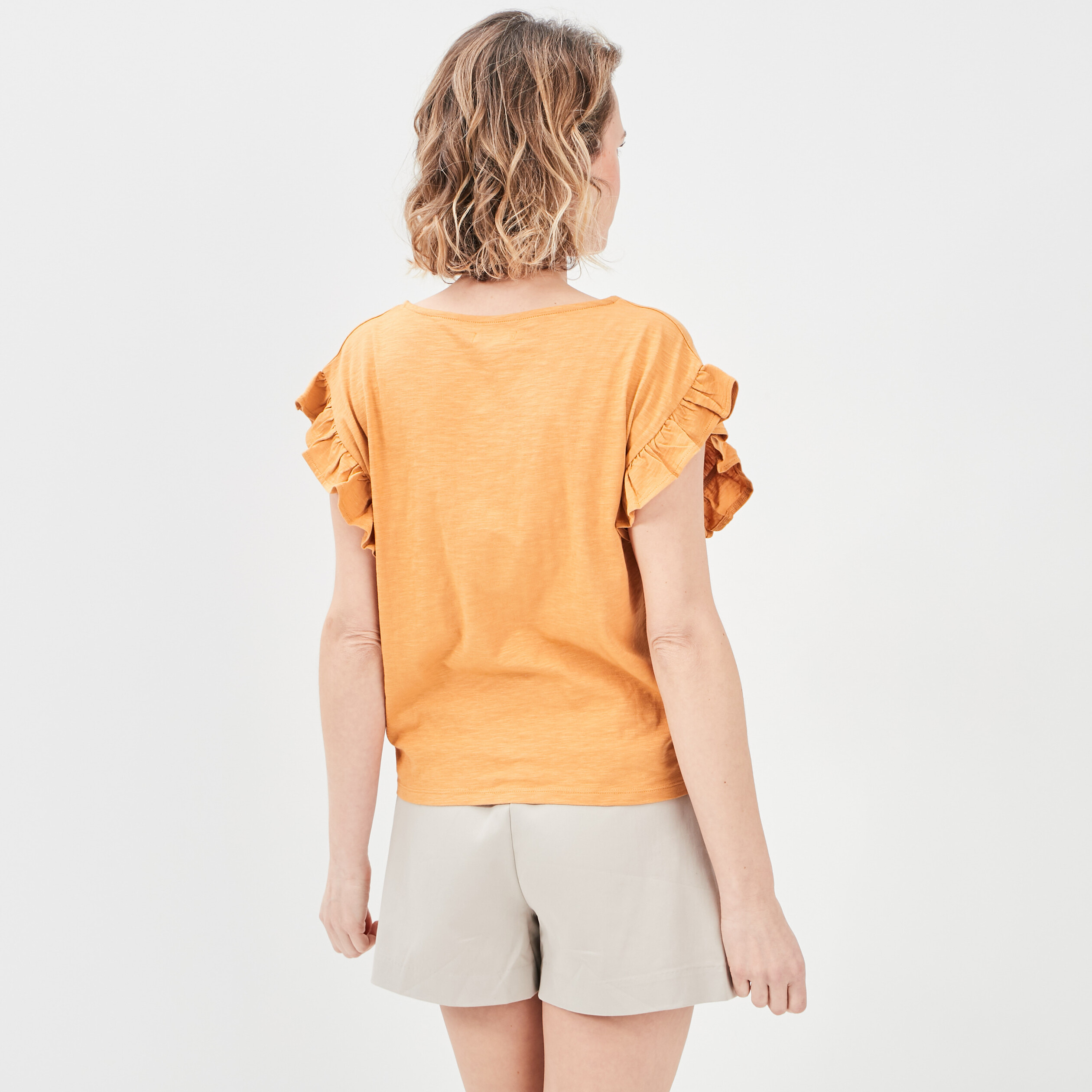 T-shirt manches courtes à volants jaune moutarde femme | La Halle