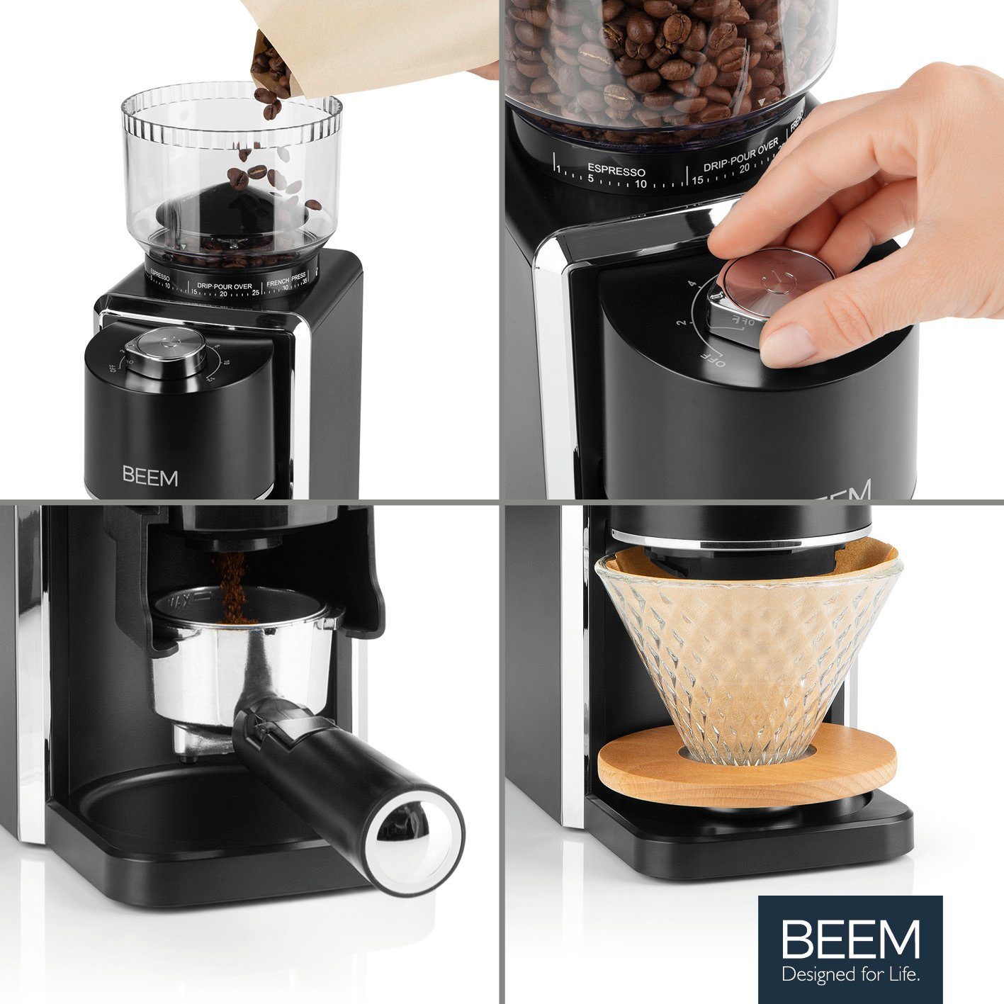 BEEM Kaffeemühle GRIND-PERFECT elektrisch 250 g, 150,00 W, 250,00 g Bohnenbehälter, Mengendosierung per Drehrad einstellbar (2-12 Tassen)