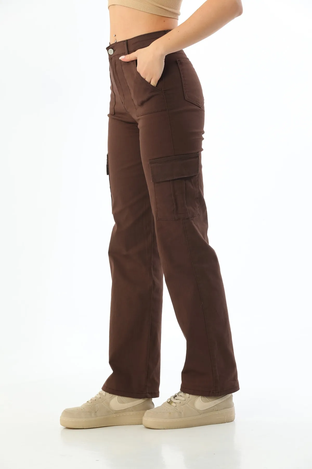 BİKELİFE  Braune Cargo-Hose aus Lycra mit hoher Taille und weitem Bein und Tasche