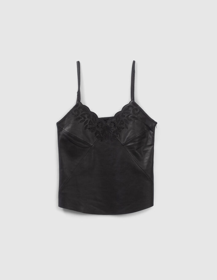 Top fines bretelles noir en cuir brodé Femme