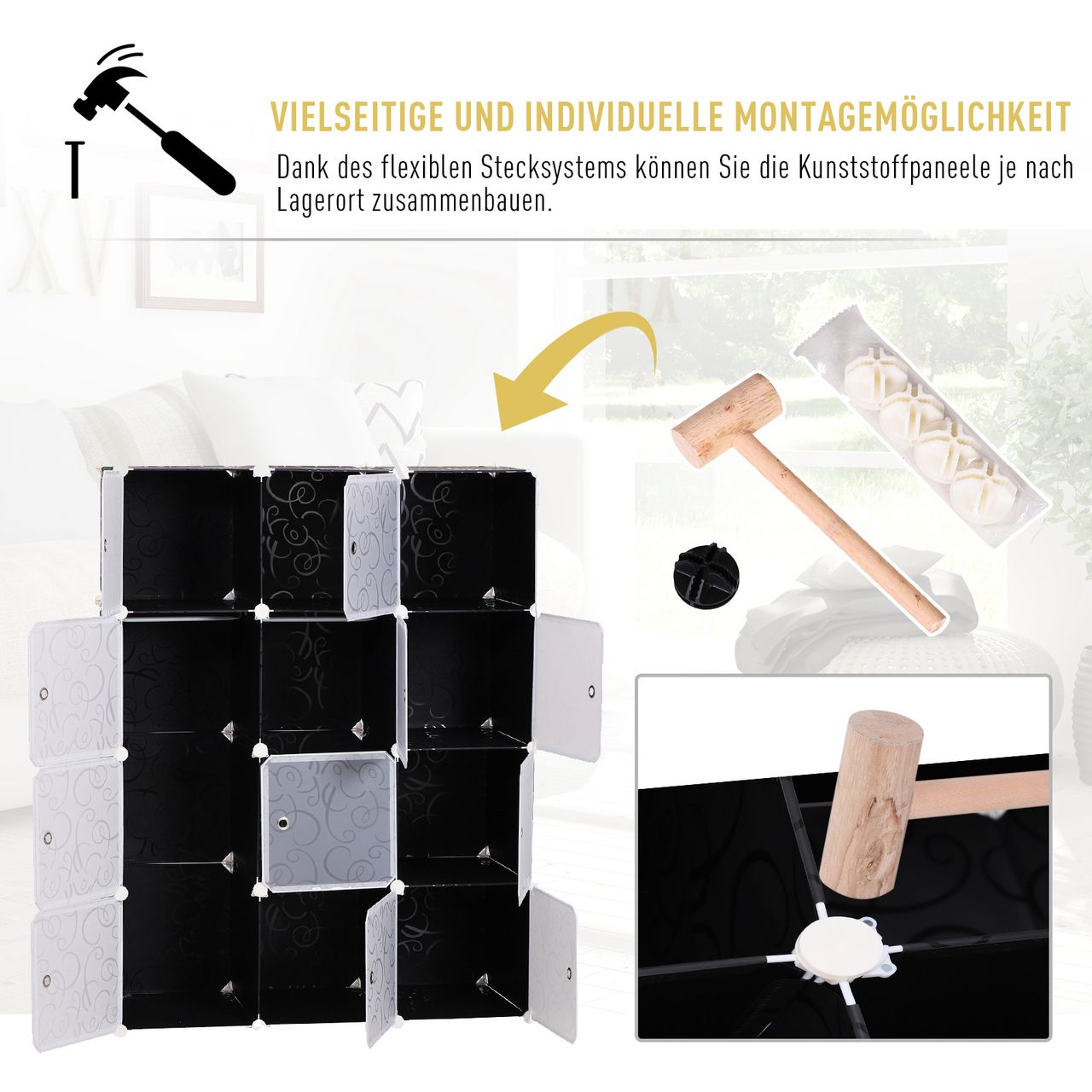 HOMCOM Kleiderschrank DIY Garderobe Regalsystem Steckregal Würfel Garderobenschrank mit Kleiderstange 2   6 Fächer aus PP Schwarz   Weiß 111 x 47 x 145 cm