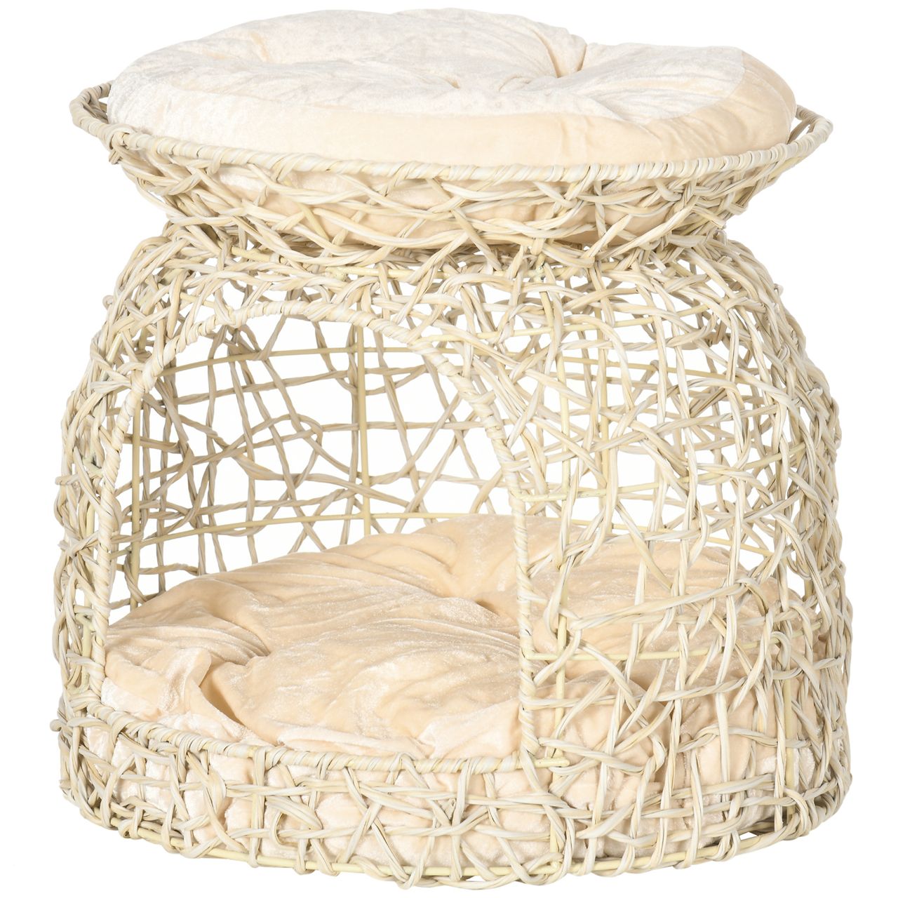 PawHut Katzenhöhle aus Rattan, 2 Etagen, Katzenhütte mit Kissen, Katzenhaus