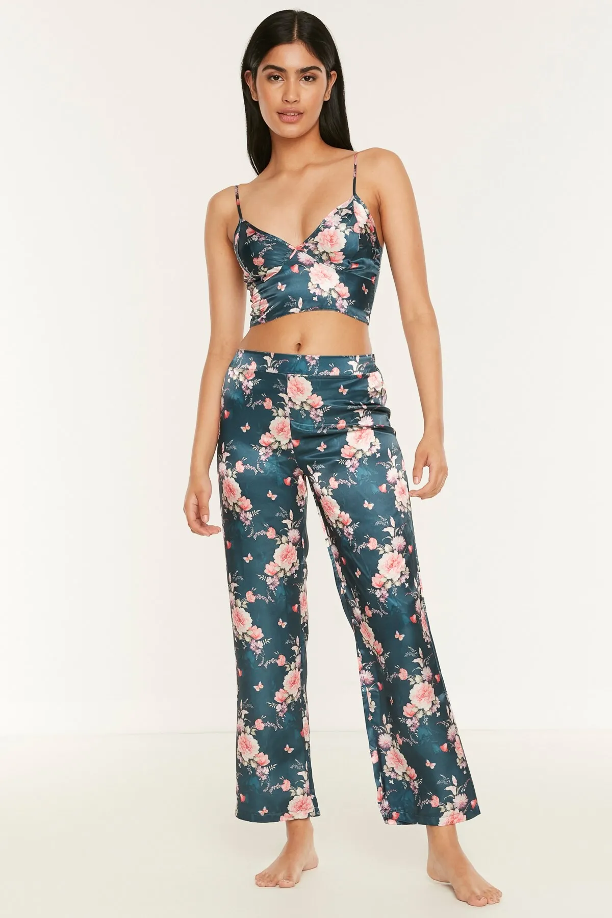 C&City  045 Gemustertes 3-teiliges Satin-Pyjama-Set für Damen Petrolgrün