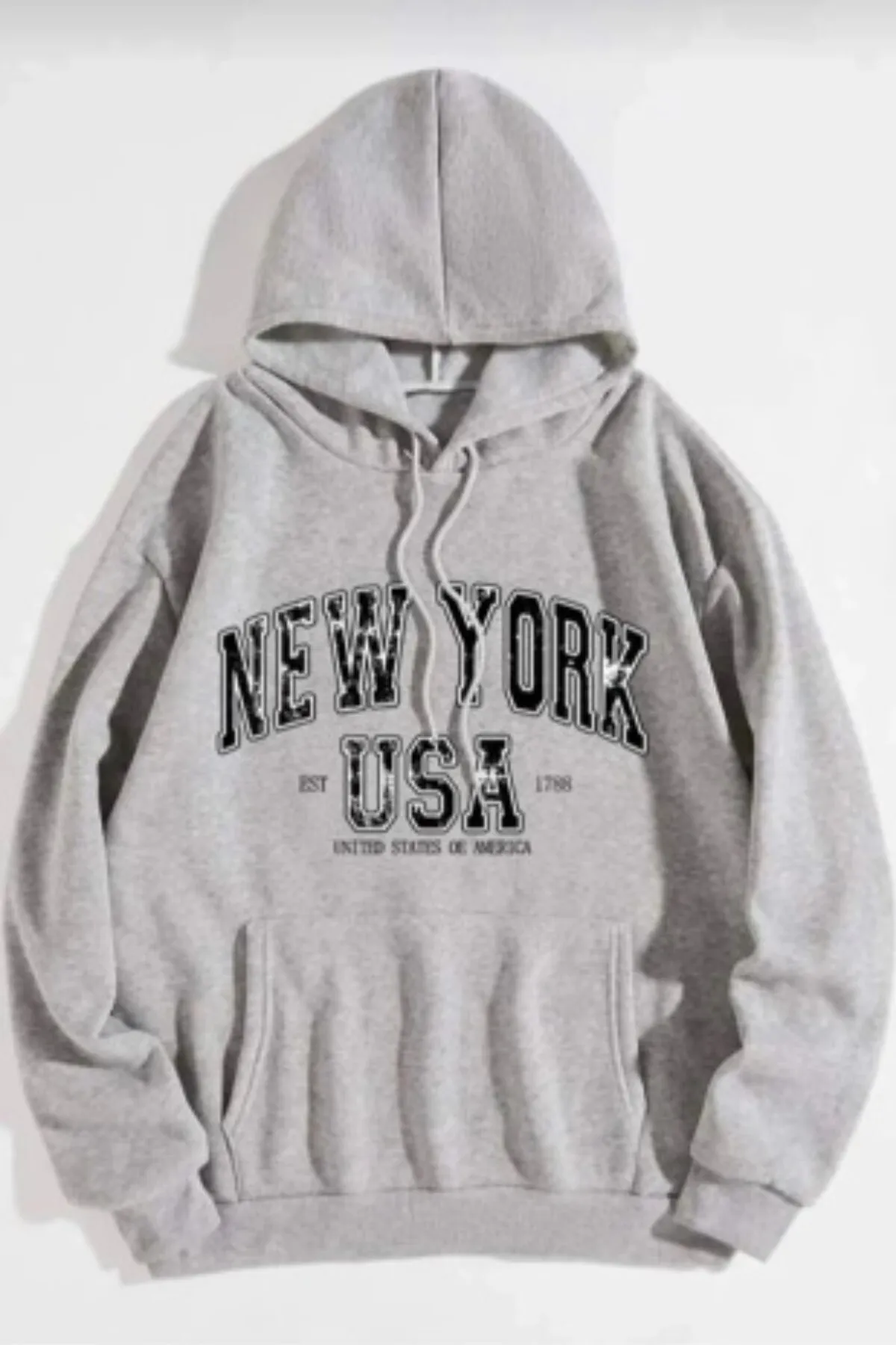 MODAGEN  Graues Unisex-Kapuzenpullover mit New York-Print in Übergröße