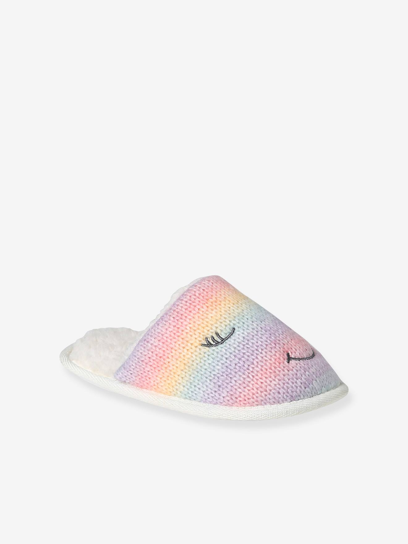 Chaussons mules fourrés en tricot enfant multicolore
