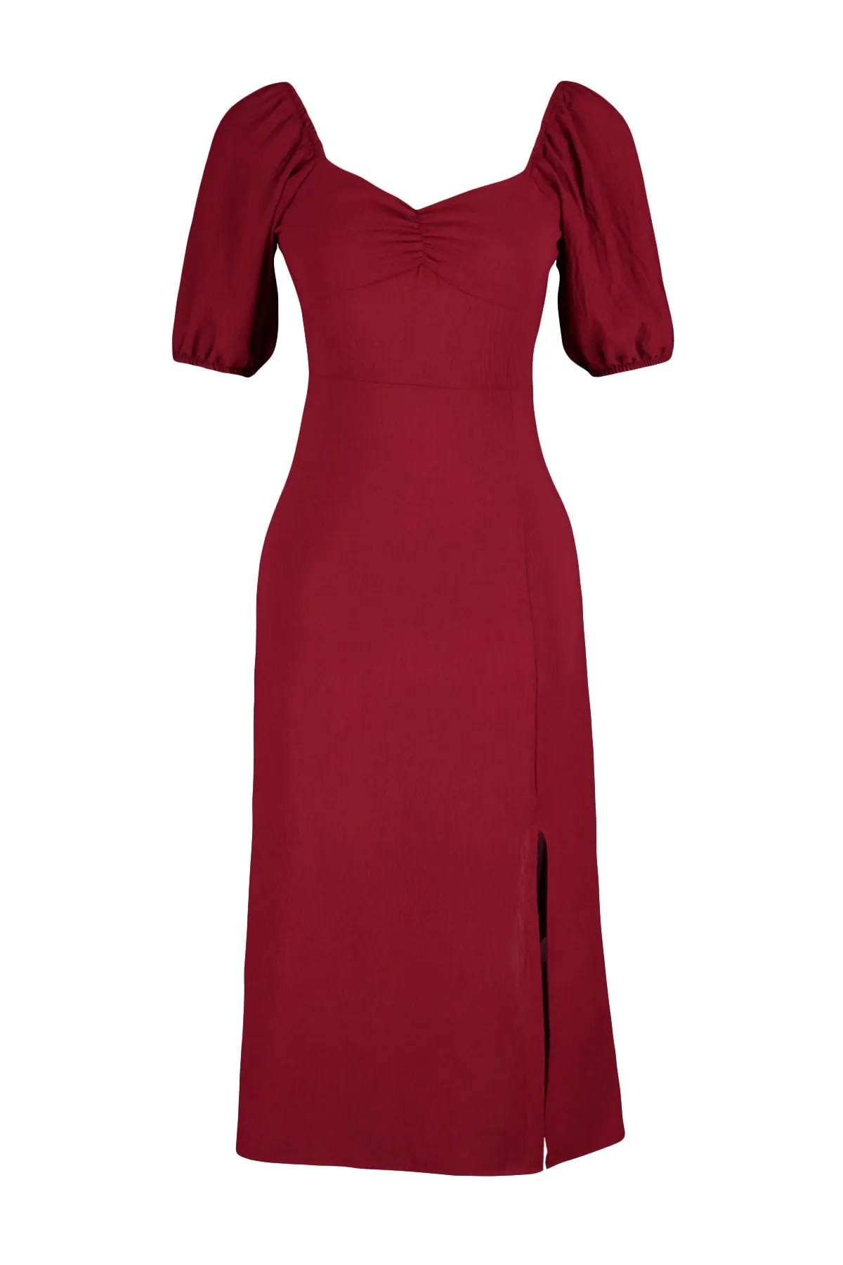Trendyol Collection  Burgunderfarbenes, figurbetontes Midi-Webkleid mit Schlitz und Rückendetail TWOSS23EL01164