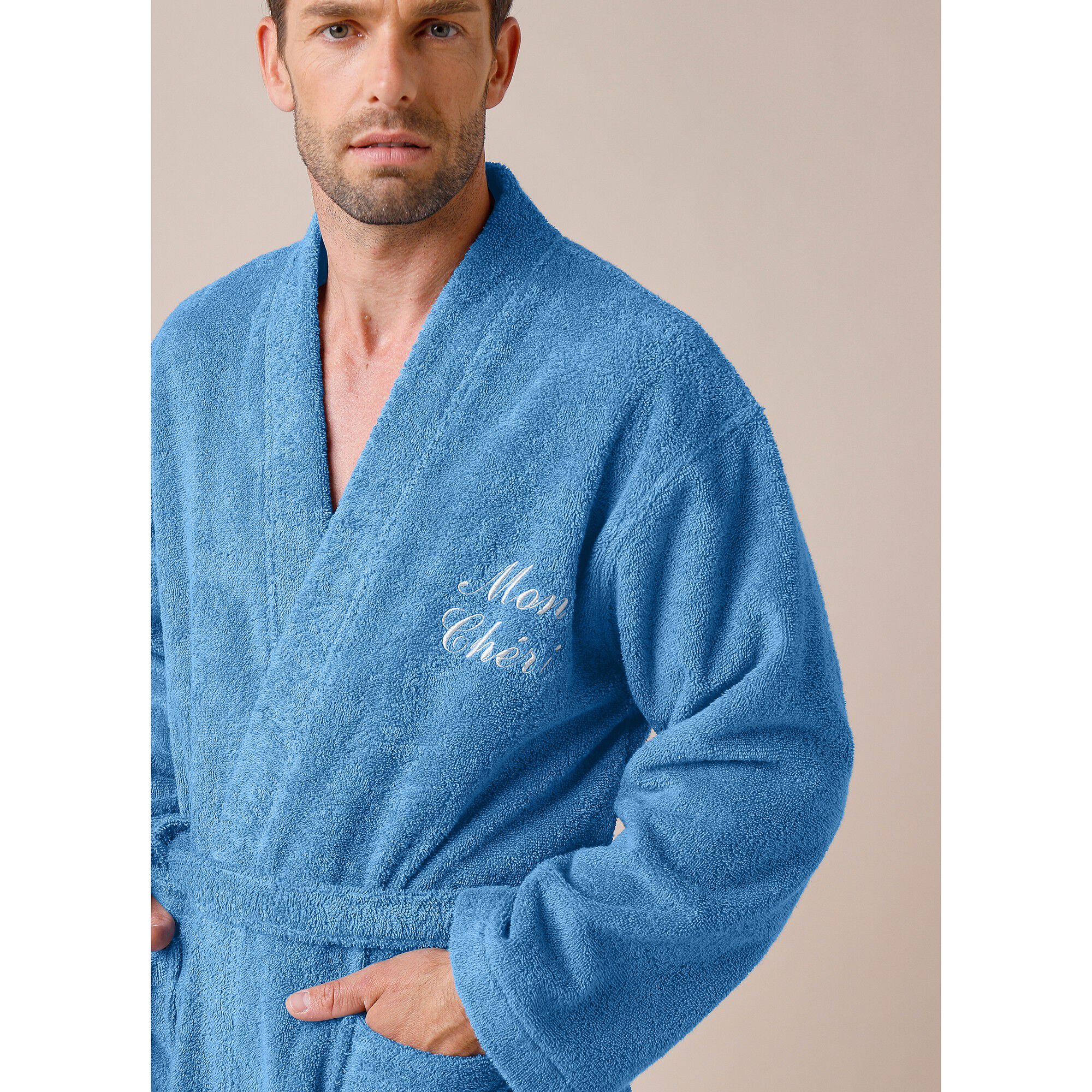 Peignoir mixte adulte uni coton éponge bouclette col kimono personnalisé