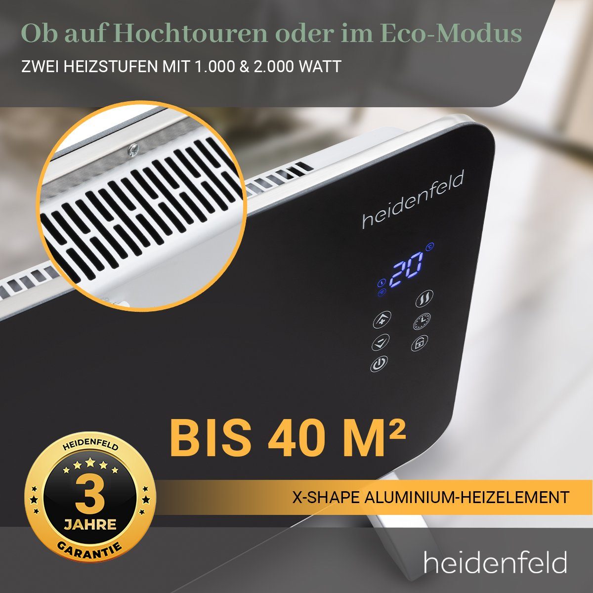 Heidenfeld Konvektor Glaskonvektor GK200 - 2000 W inkl. 3 Jahre Garantie Heizgerät, 2000 W, Elektro Heizung - LED-Bedienfeld und Fernbedienung - Kindersicherung