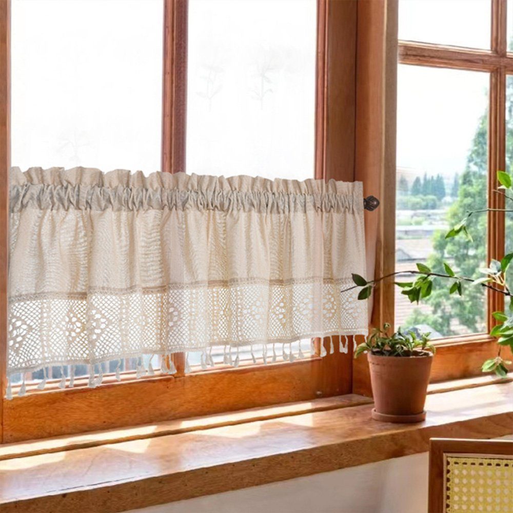 Scheibengardine Gardine Küche mit Häkeln Spitze mitQuasten 1 Stück 132*46cm, FELIXLEO