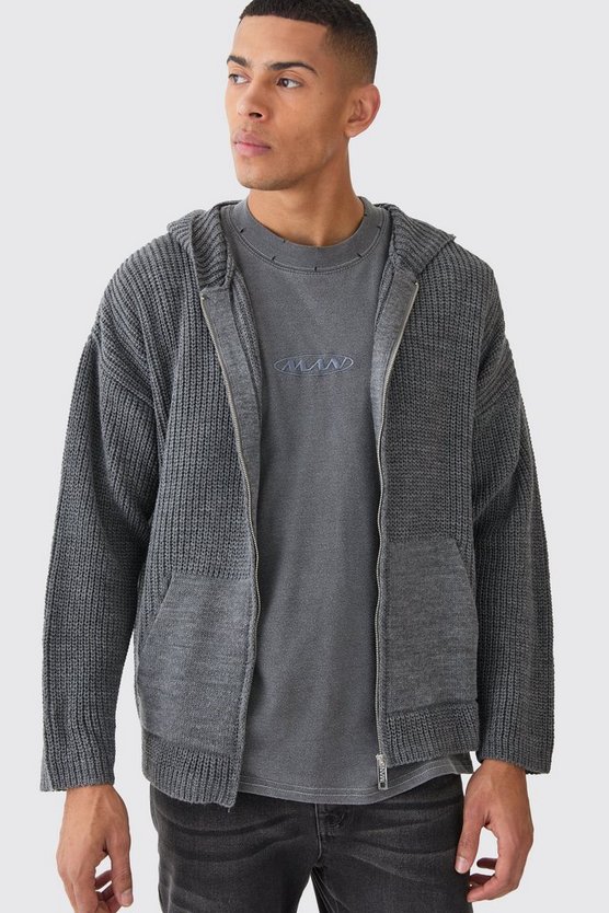 Kastiger gerippter Hoodie mit Reißverschluss
