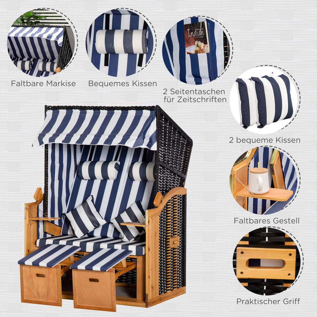 Outsunny Strandkorb Doppelte Sonnenliege mit Dach Doppelliege mit Getränkehaltern Chaiselongue 5-stufige Rückenlehne PE-Rattan Blau Weiß 118 x 79 x 150 cm