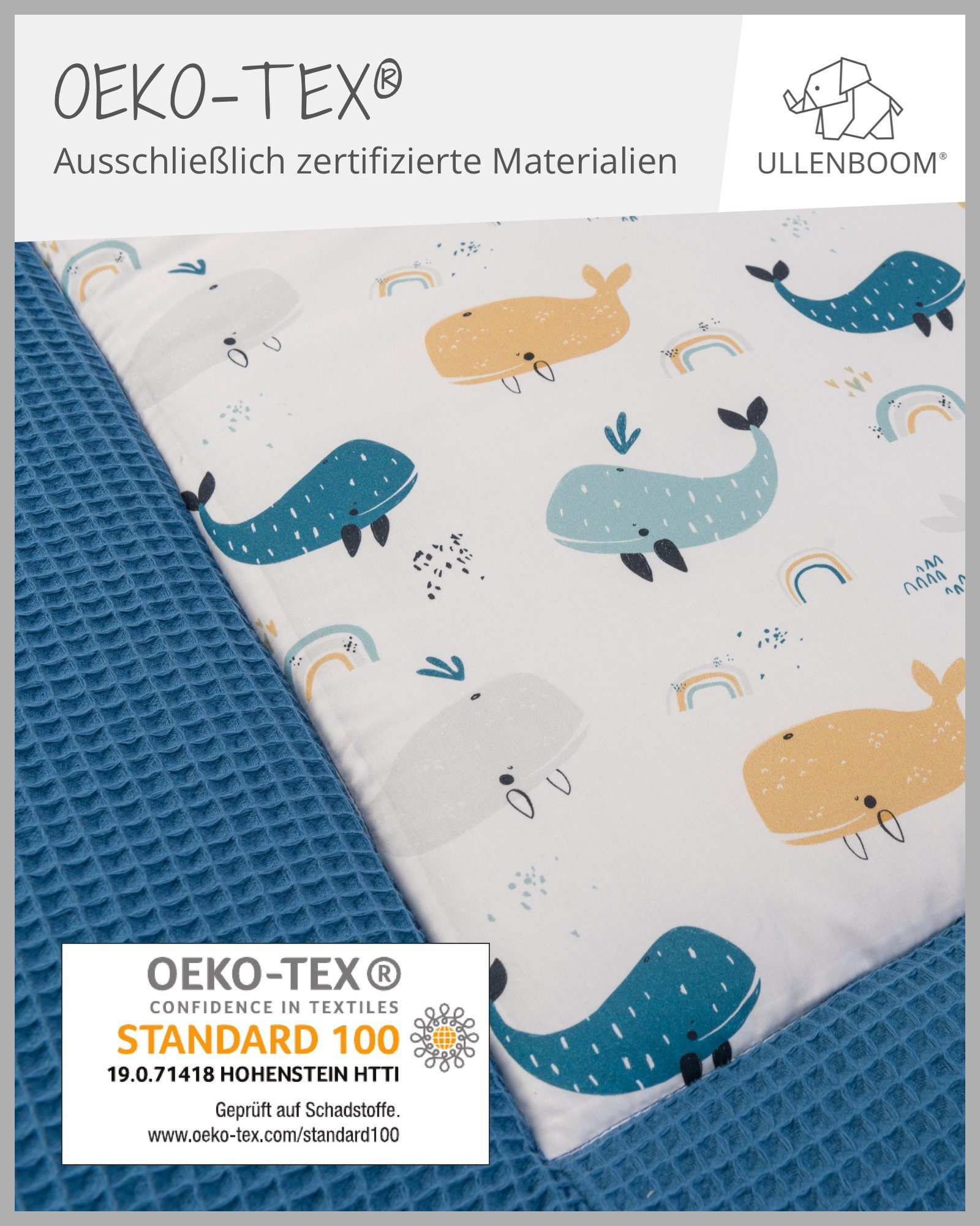 Krabbeldecke Krabbeldecke Babys 100x100 cm, Blau Wale (Made in EU), ULLENBOOM ®, Dick gepolstert, Außenstoff 100% Baumwolle, in verschiedenen Größen