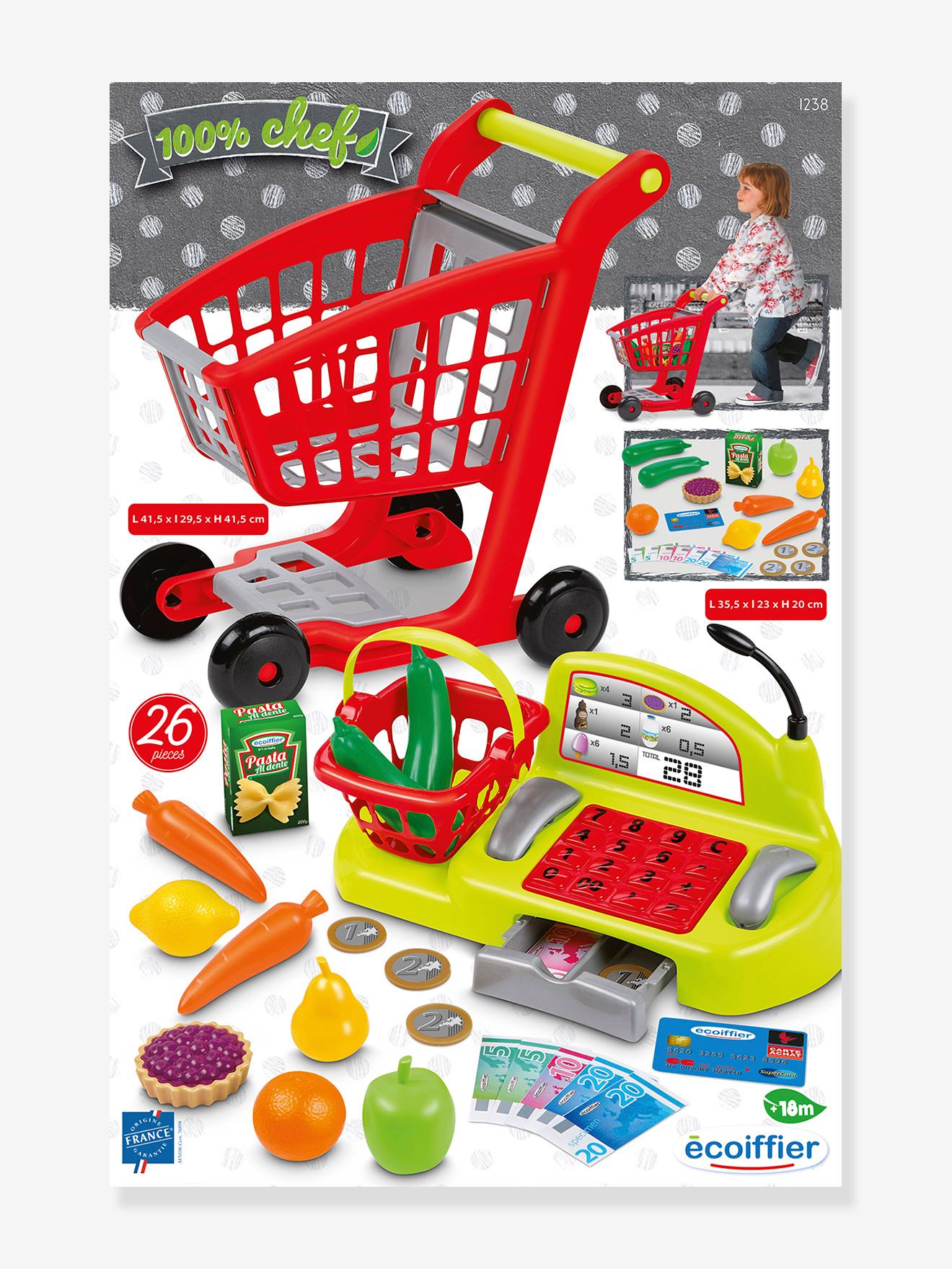 Ecoiffier Kinder Einkaufswagen & Kasse ECOIFFIER, 26 Teile - weiß