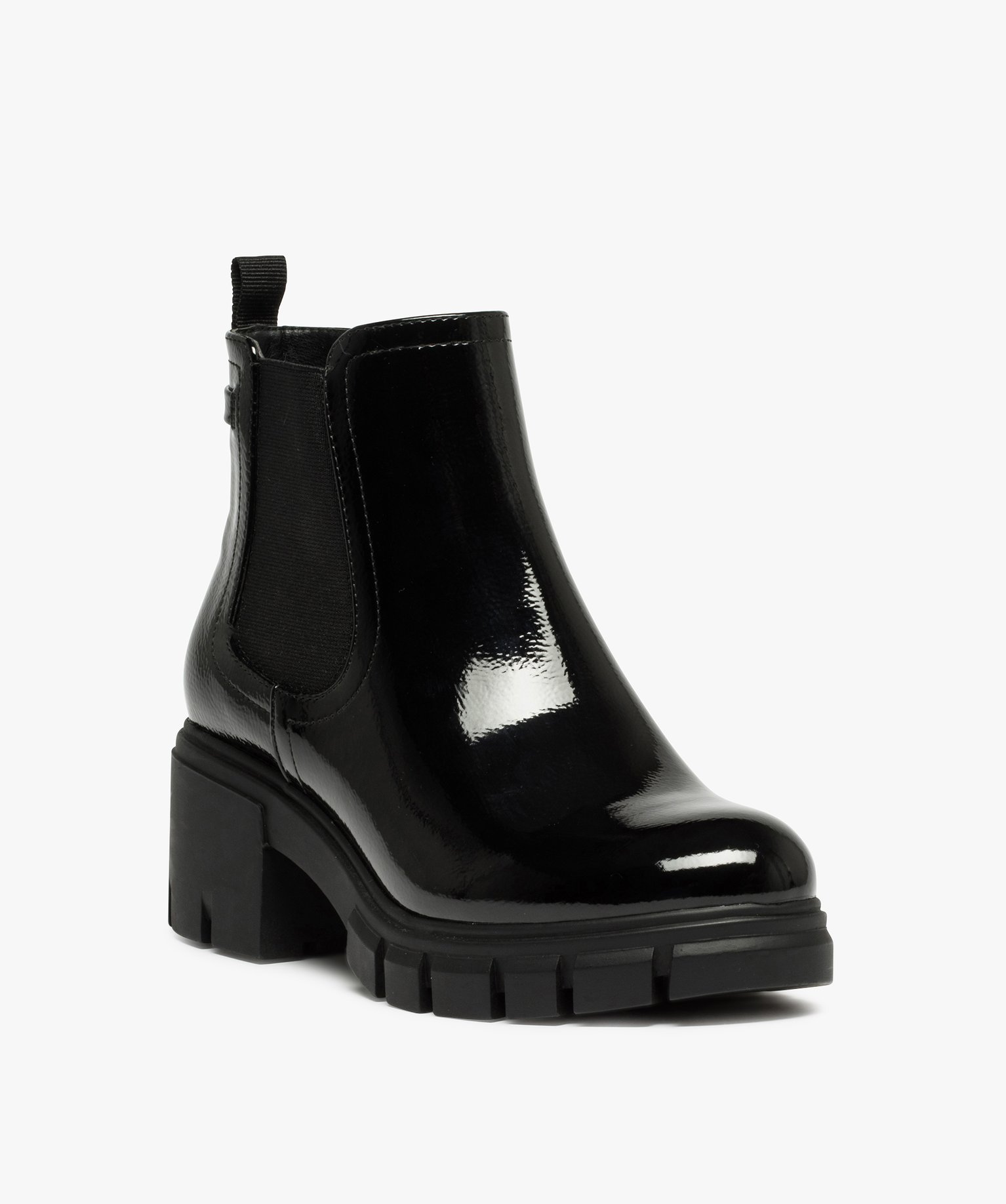 Boots femme à talon carré et semelle crantée dessus verni noir | GEMO