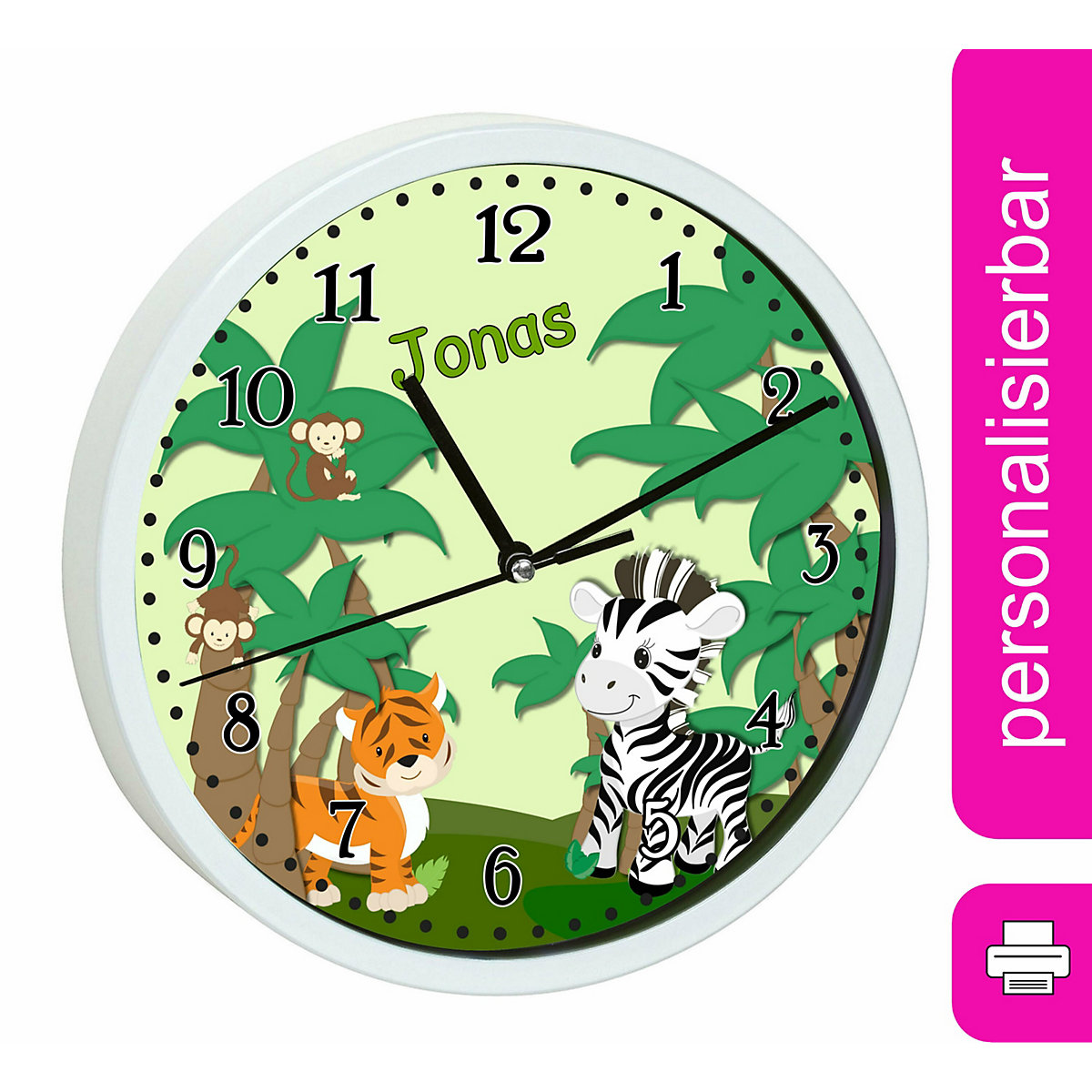 Kinder Wanduhr laufruhig personalisiert mit Name Safari-Zebra