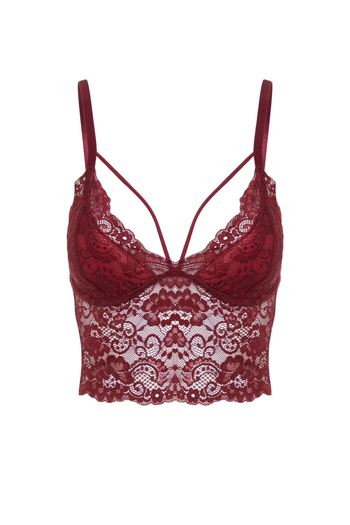 Trendyol Collection  Burgunderrotes, geripptes Spitzen-Bustier mit Seilriemen und dreieckigem Strickmuster THMAW21SU0050