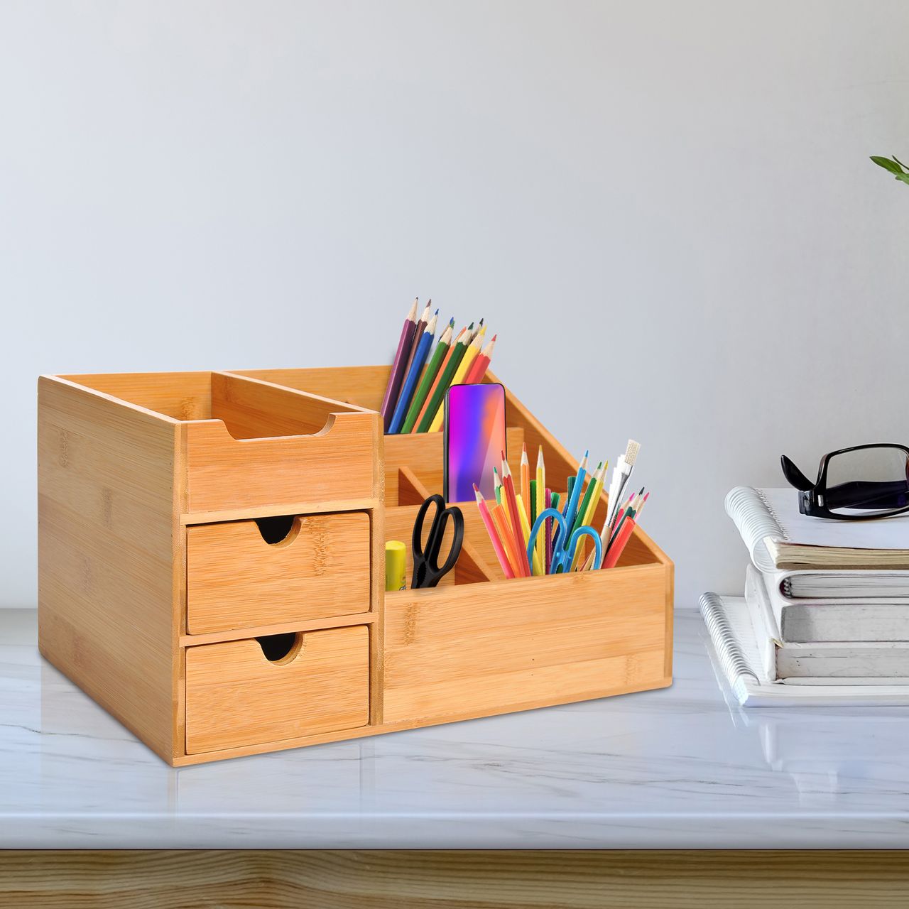 HOMCOM Schreibtischorganizer Aufbewahrungsbox Büro Box Organisation 2 Schubladen Natur L33 x B20,5 x H15,5 cm