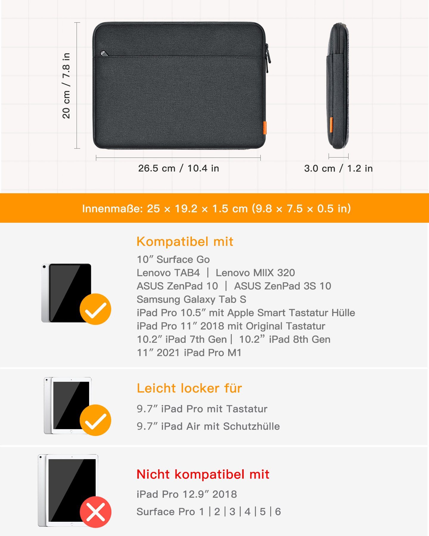 Inateck Tablet-Hülle für Tablets 10.2-11 Zoll, für iPads, Surface Go, mit Zubehörtasche